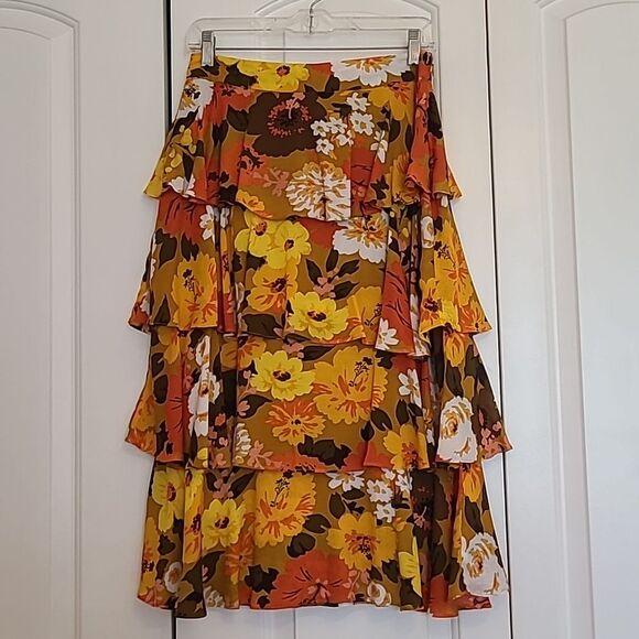 Anthropologie Mavis Tiered Floral Midi Skirt Yellow & Orange Size 4 - Picture 3 of 13